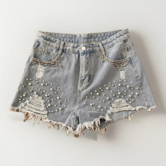 Pearls Beaded Ripped Raw Hem Denim Shorts Size Large Light Wash Gem - Picture 2 of 6